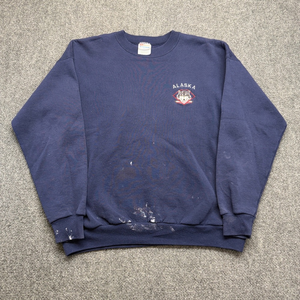 Vintage Hanes Alaska Wolf Sweatshirt Navy Blue Distressed Paint Splatter Large